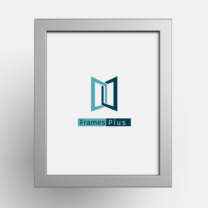 Silver picture frame featuring the Frames Plus logo on a white background.