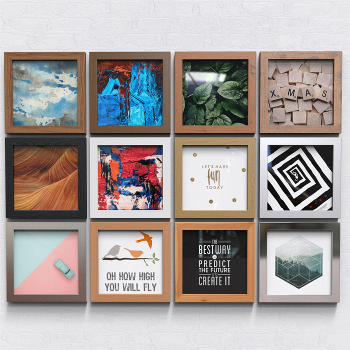 Collage of various artworks in different frames, showcasing versatility of the white picture frame classic range.