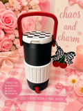 cooler with checkered lid and checkered can opener