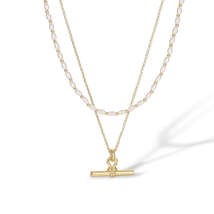 Cosette 14K Gold Knotted Loop Pearl T Bar Necklace
