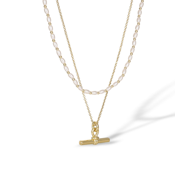 Cosette 14K Gold Knotted Loop Pearl T Bar Necklace