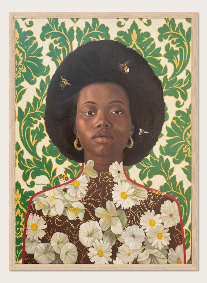 A stylized portrait artwork of a Black woman with an afro hairstyle, wearing gold hoop earrings and a brown top covered in white daisy flowers, set against a green and cream damask patterned background with small bees visible. Shop Afro Floral Portrait by Damilare Jamiu, a contemporary portrait wall art print featuring a woman with afro hair, floral details, bees, and rich green tones.