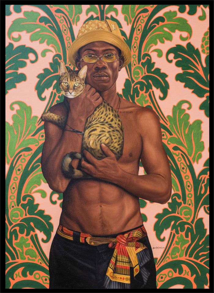 Shop Confident Man With Cat by Damilare Jamiu, a contemporary portrait art print featuring a stylish man, spotted cat, patterned details, and green and coral tones.