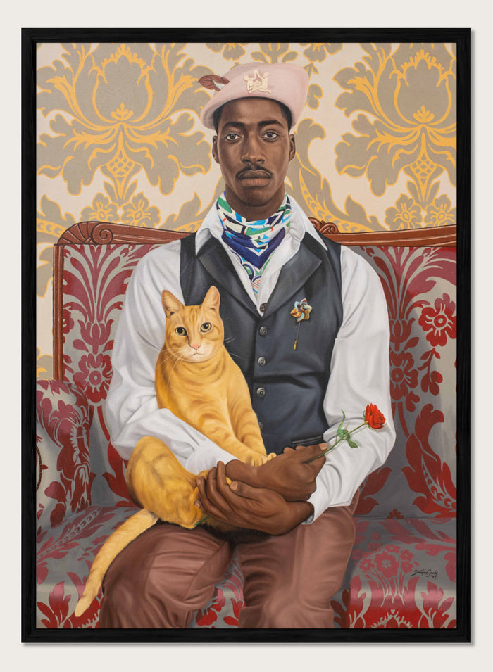 A portrait-style artwork of a Black man seated on a red patterned sofa, holding a yellow-orange cat and a red rose. The background features ornate gold and beige damask wallpaper. Shop Dapper Man Orange Cat Red Rose by Damilare Jamiu, a contemporary portrait wall art print featuring a stylish man, orange cat, red rose, and rich vintage-inspired pattern.