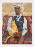 A portrait-style artwork of a Black man seated on a red patterned sofa, holding a yellow-orange cat and a red rose. The background features ornate gold and beige damask wallpaper. Shop Dapper Man Orange Cat Red Rose by Damilare Jamiu, a contemporary portrait wall art print featuring a stylish man, orange cat, red rose, and rich vintage-inspired pattern.
