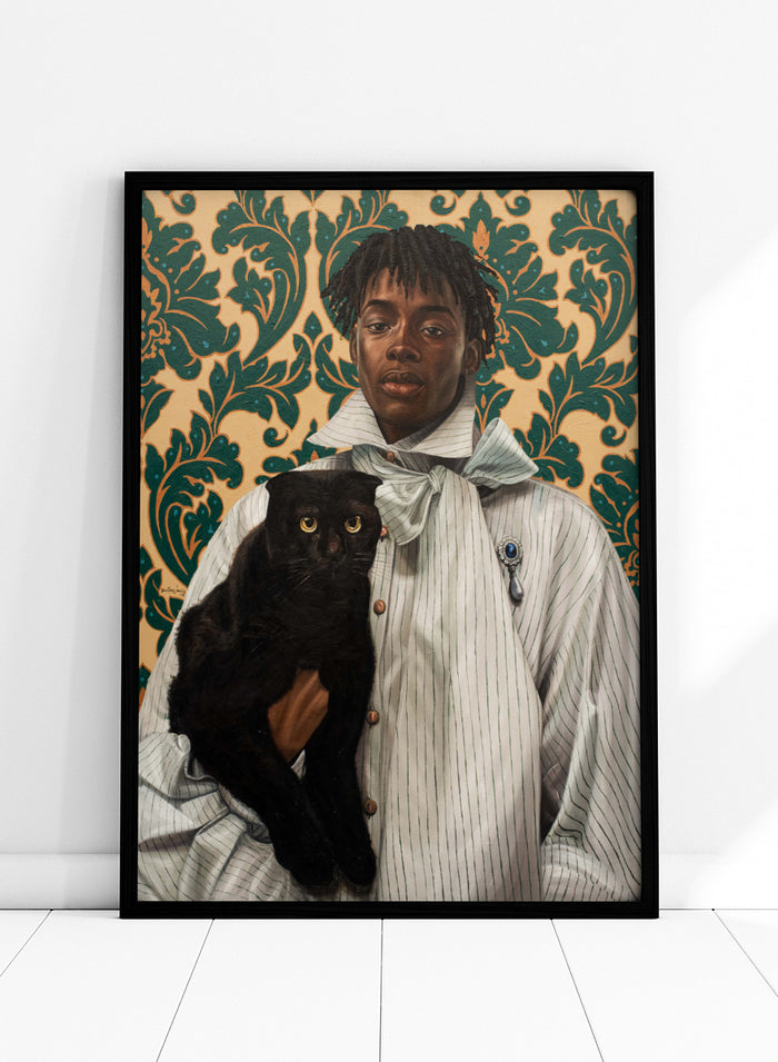 A portrait-style artwork showing a person in a pale striped shirt with a bow tie holding a black cat, set against ornate green damask wallpaper. Shop Elegant Portrait Black Cat by Damilare Jamiu, a contemporary figurative wall art print featuring a stylish portrait, black cat, and rich teal and gold pattern.