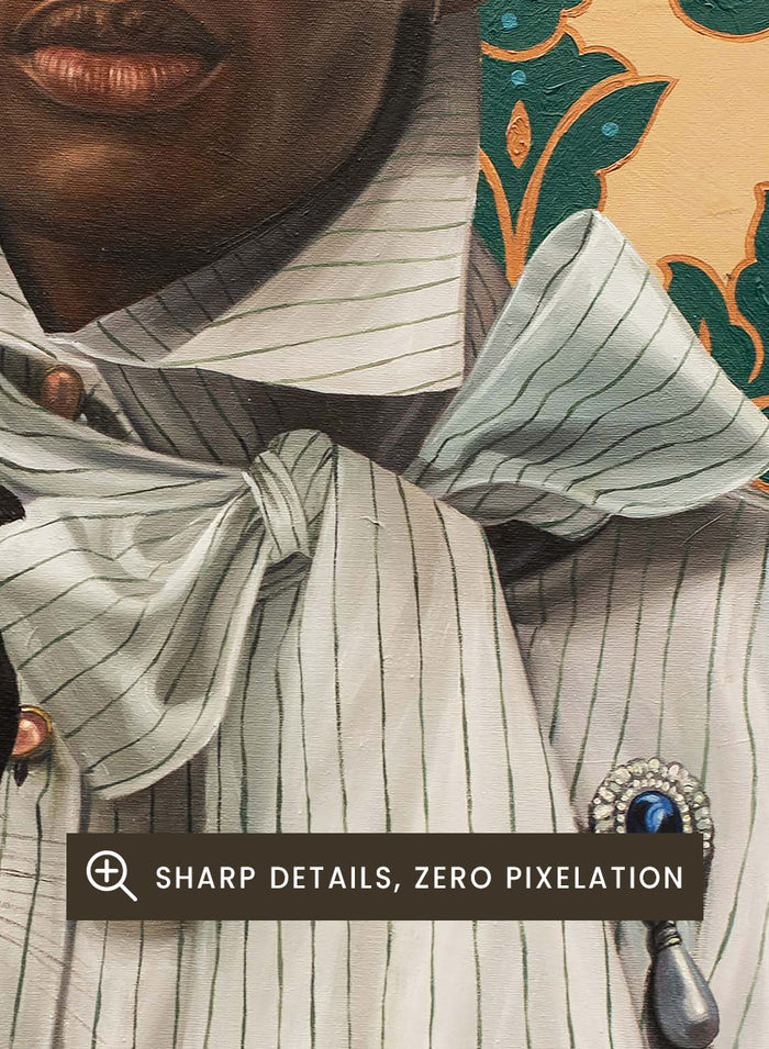 A portrait-style artwork showing a person in a pale striped shirt with a bow tie holding a black cat, set against ornate green damask wallpaper. Shop Elegant Portrait Black Cat by Damilare Jamiu, a contemporary figurative wall art print featuring a stylish portrait, black cat, and rich teal and gold pattern.