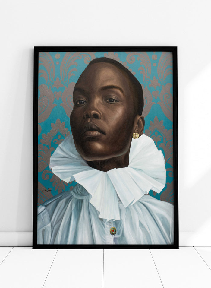 A portrait painting of a Black man with a shaved head, wearing a large white ruffled collar and light blue shirt, set against a teal and gold damask patterned background. Shop Regal Woman Ruff Collar by Damilare Jamiu, a contemporary portrait wall art print featuring a regal woman, dramatic white ruff collar, and rich teal tones.