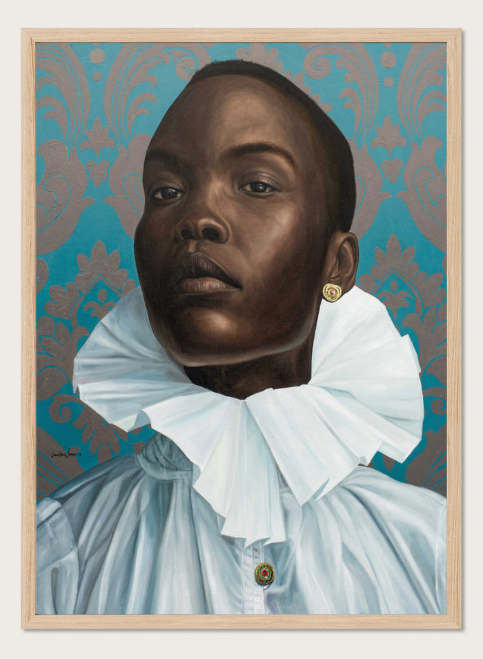 A portrait painting of a Black man with a shaved head, wearing a large white ruffled collar and light blue shirt, set against a teal and gold damask patterned background. Shop Regal Woman Ruff Collar by Damilare Jamiu, a contemporary portrait wall art print featuring a regal woman, dramatic white ruff collar, and rich teal tones.