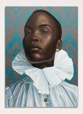 A portrait painting of a Black man with a shaved head, wearing a large white ruffled collar and light blue shirt, set against a teal and gold damask patterned background. Shop Regal Woman Ruff Collar by Damilare Jamiu, a contemporary portrait wall art print featuring a regal woman, dramatic white ruff collar, and rich teal tones.