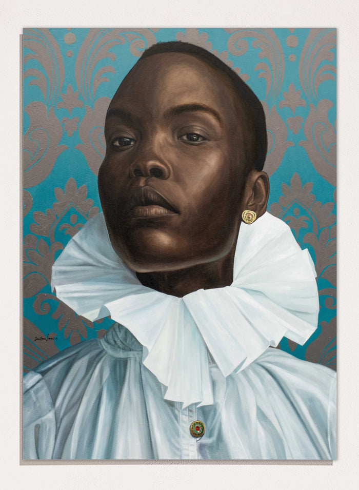 A portrait painting of a Black man with a shaved head, wearing a large white ruffled collar and light blue shirt, set against a teal and gold damask patterned background. Shop Regal Woman Ruff Collar by Damilare Jamiu, a contemporary portrait wall art print featuring a regal woman, dramatic white ruff collar, and rich teal tones.