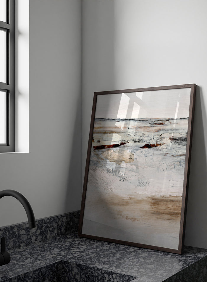 Shop August No. 01 by Dan Hobday, an abstract landscape art print featuring soft neutral tones, rust accents, layered brushwork, and an open windswept feel.