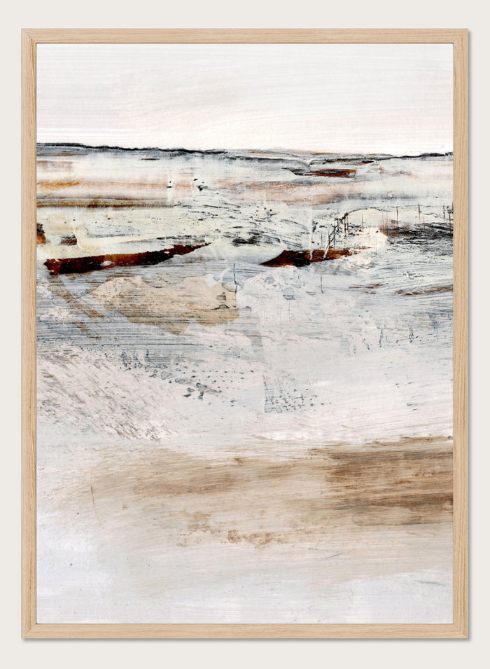 Shop August No. 01 by Dan Hobday, an abstract landscape art print featuring soft neutral tones, rust accents, layered brushwork, and an open windswept feel.