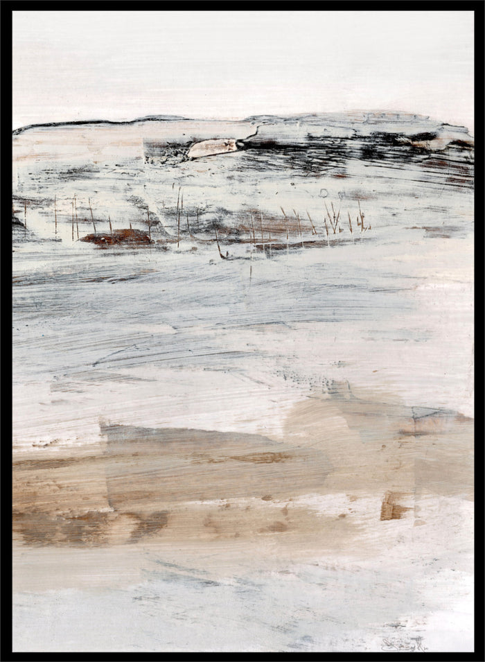 Shop August No. 02 by Dan Hobday, an abstract landscape art print with soft neutral tones, loose brushwork, distant landforms, and warm earthy texture.