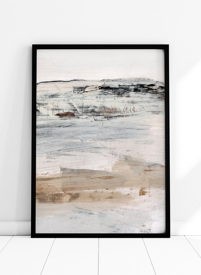 Shop August No. 02 by Dan Hobday, an abstract landscape art print with soft neutral tones, loose brushwork, distant landforms, and warm earthy texture.