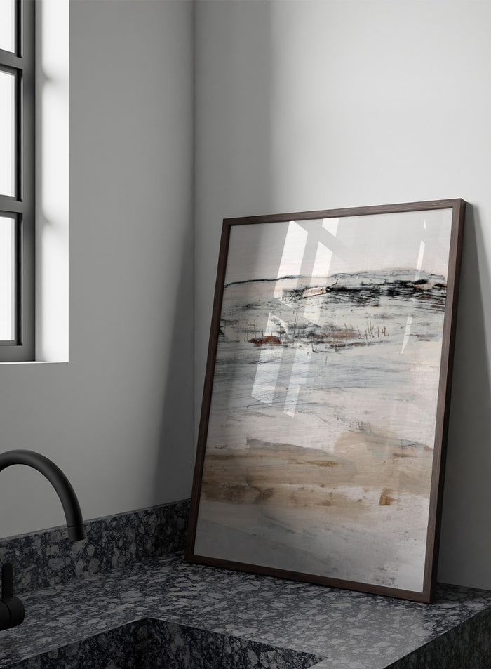 Shop August No. 02 by Dan Hobday, an abstract landscape art print with soft neutral tones, loose brushwork, distant landforms, and warm earthy texture.