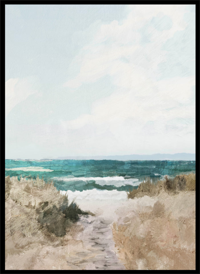Shop Beach Path by Dan Hobday, a coastal landscape art print featuring turquoise water, sandy dunes, beach grass, soft blue sky, and textured brushwork.