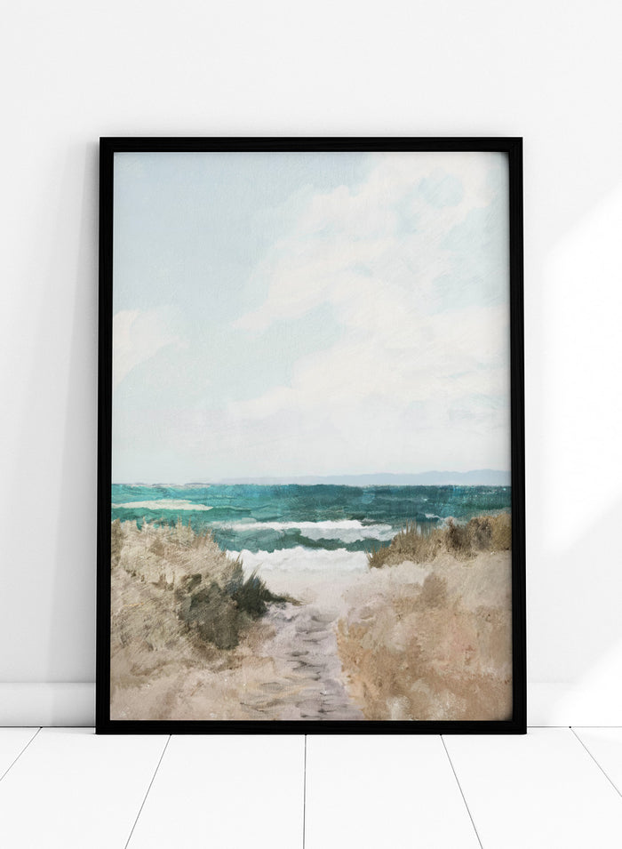 Shop Beach Path by Dan Hobday, a coastal landscape art print featuring turquoise water, sandy dunes, beach grass, soft blue sky, and textured brushwork.