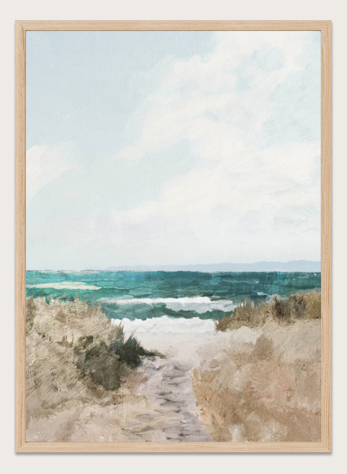 Shop Beach Path by Dan Hobday, a coastal landscape art print featuring turquoise water, sandy dunes, beach grass, soft blue sky, and textured brushwork.