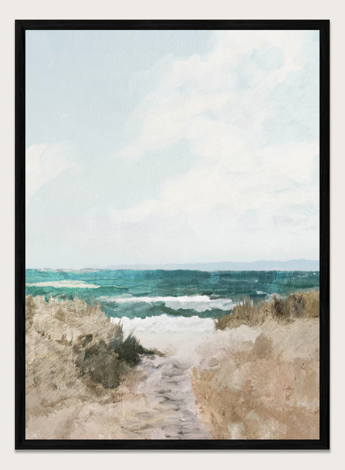 Shop Beach Path by Dan Hobday, a coastal landscape art print featuring turquoise water, sandy dunes, beach grass, soft blue sky, and textured brushwork.