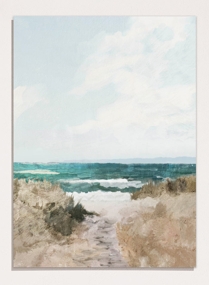 Shop Beach Path by Dan Hobday, a coastal landscape art print featuring turquoise water, sandy dunes, beach grass, soft blue sky, and textured brushwork.