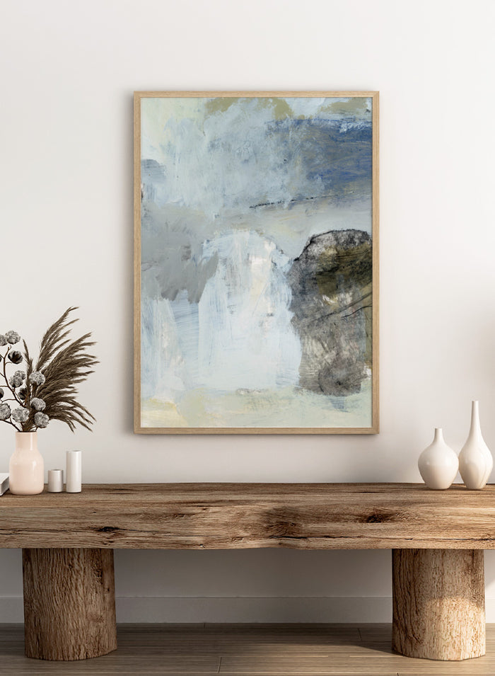 Shop Blue by Dan Hobday, a contemporary abstract art print in soft blue, white, and gray with layered texture and a clean, modern look.
