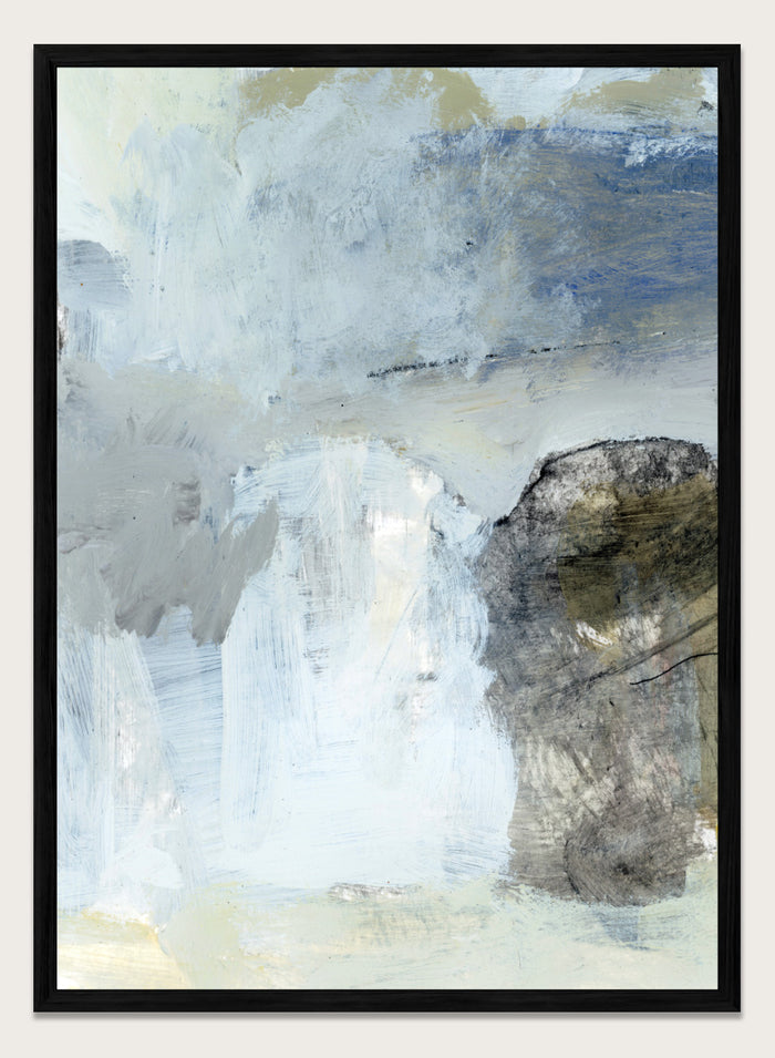 Shop Blue by Dan Hobday, a contemporary abstract art print in soft blue, white, and gray with layered texture and a clean, modern look.