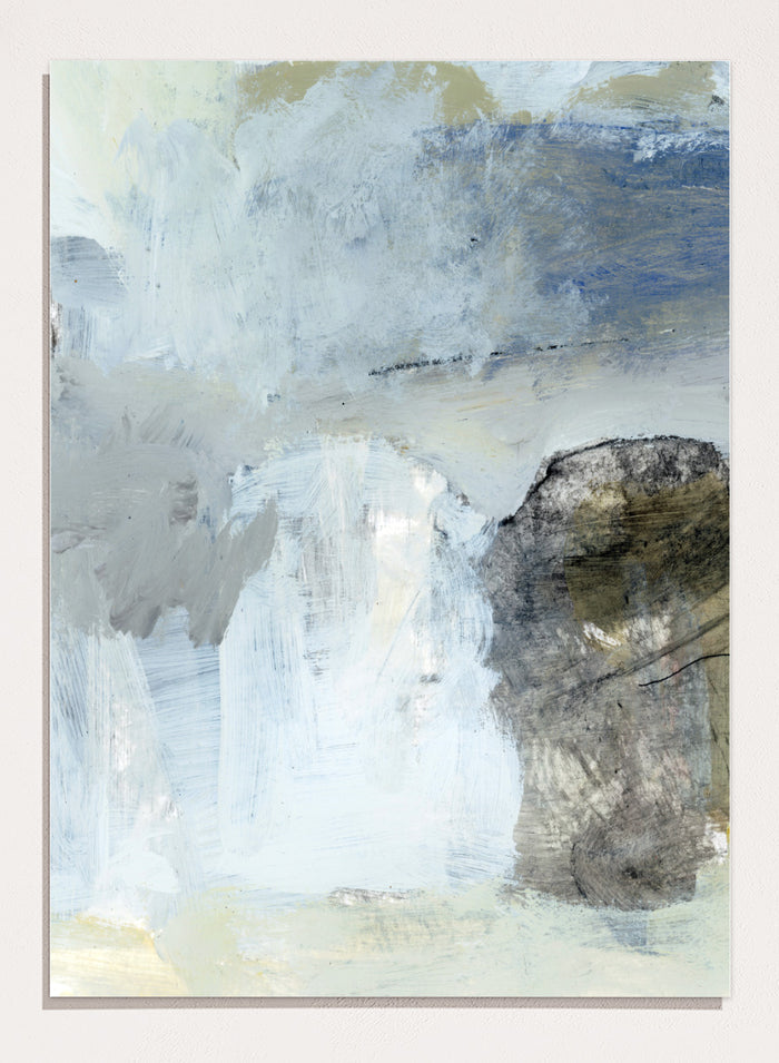 Shop Blue by Dan Hobday, a contemporary abstract art print in soft blue, white, and gray with layered texture and a clean, modern look.