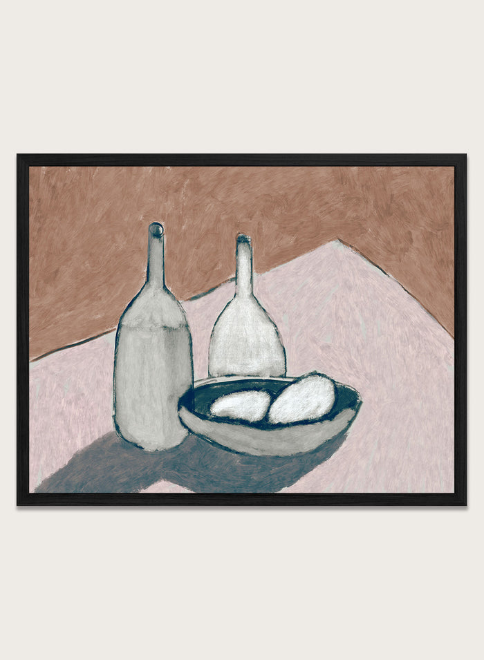 Shop Bottles by Dan Hobday, a contemporary still life art print featuring bottles, a bowl, dusty pink, cream, brown, and deep blue tones.