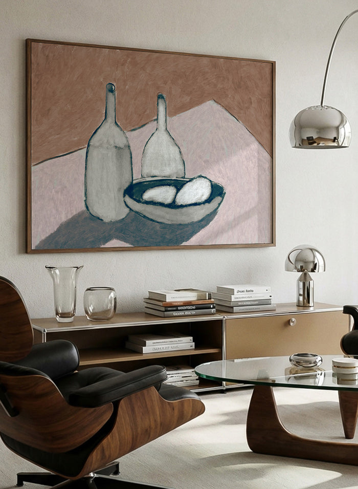 Shop Bottles by Dan Hobday, a contemporary still life art print featuring bottles, a bowl, dusty pink, cream, brown, and deep blue tones.