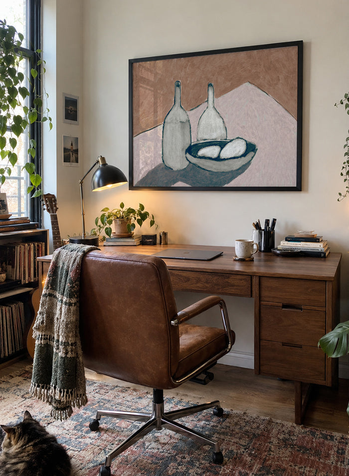 Shop Bottles by Dan Hobday, a contemporary still life art print featuring bottles, a bowl, dusty pink, cream, brown, and deep blue tones.