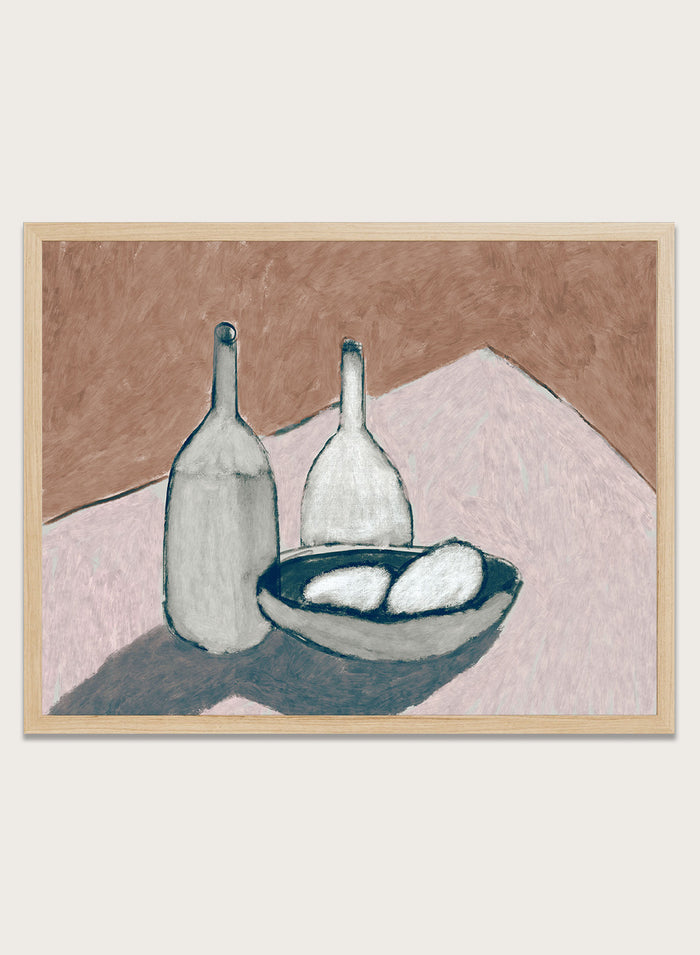 Shop Bottles by Dan Hobday, a contemporary still life art print featuring bottles, a bowl, dusty pink, cream, brown, and deep blue tones.
