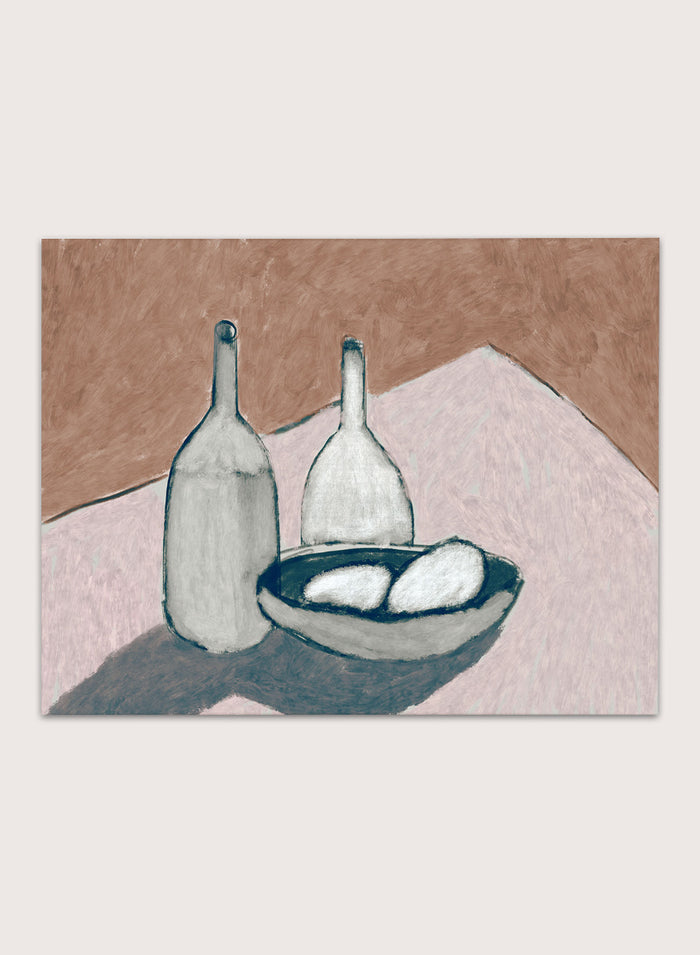 Shop Bottles by Dan Hobday, a contemporary still life art print featuring bottles, a bowl, dusty pink, cream, brown, and deep blue tones.