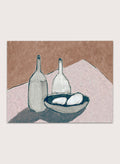 Shop Bottles by Dan Hobday, a contemporary still life art print featuring bottles, a bowl, dusty pink, cream, brown, and deep blue tones.
