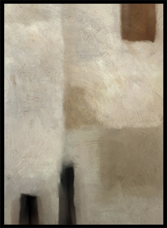 An abstract painting featuring textured blocks of warm beige, cream, and brown, with dark charcoal-like vertical shapes near the bottom and a small brown block in the upper right corner. Shop Brumea by Dan Hobday, a neutral abstract art print featuring soft layered forms, brushed texture, muted earthy tones, and a modern minimalist feel.