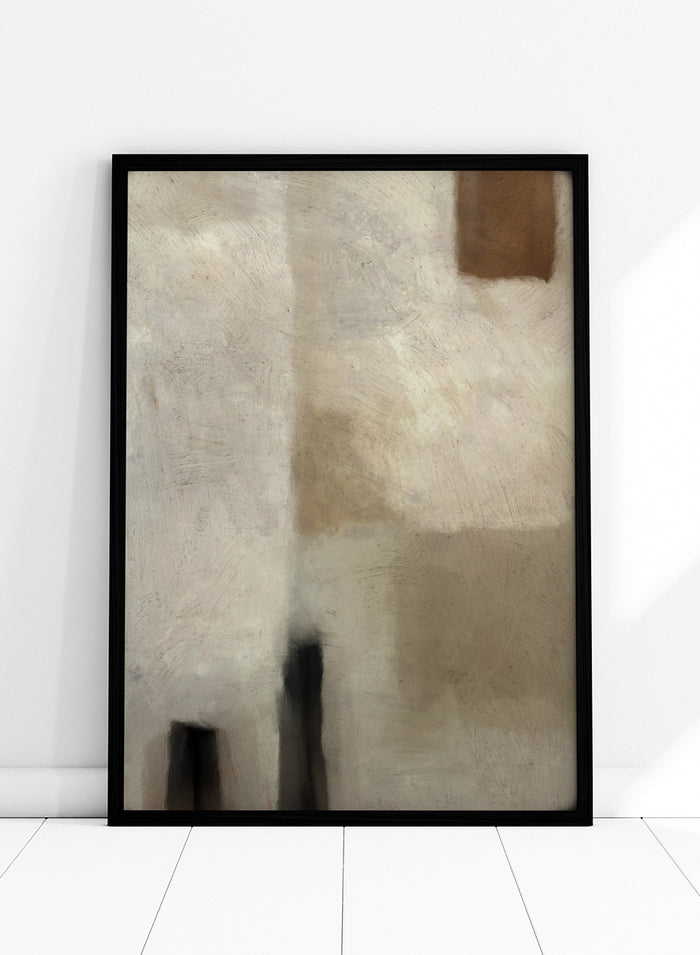 An abstract painting featuring textured blocks of warm beige, cream, and brown, with dark charcoal-like vertical shapes near the bottom and a small brown block in the upper right corner. Shop Brumea by Dan Hobday, a neutral abstract art print featuring soft layered forms, brushed texture, muted earthy tones, and a modern minimalist feel.
