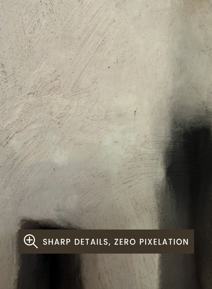 An abstract painting featuring textured blocks of warm beige, cream, and brown, with dark charcoal-like vertical shapes near the bottom and a small brown block in the upper right corner. Shop Brumea by Dan Hobday, a neutral abstract art print featuring soft layered forms, brushed texture, muted earthy tones, and a modern minimalist feel.