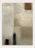 An abstract painting featuring textured blocks of warm beige, cream, and brown, with dark charcoal-like vertical shapes near the bottom and a small brown block in the upper right corner. Shop Brumea by Dan Hobday, a neutral abstract art print featuring soft layered forms, brushed texture, muted earthy tones, and a modern minimalist feel.