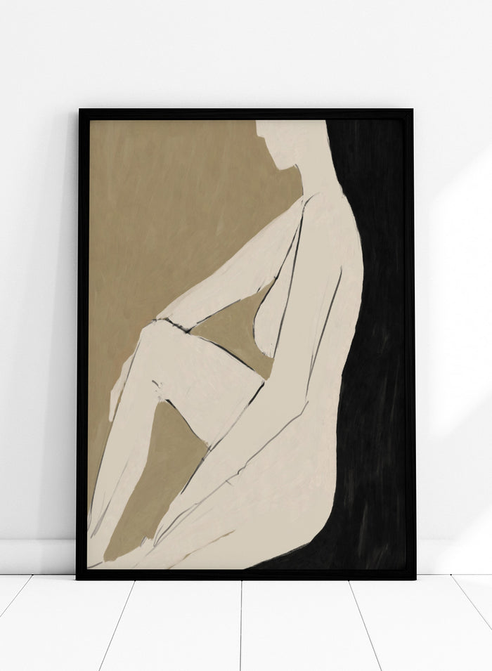 Shop Chill by Dan Hobday, a contemporary figurative art print featuring a relaxed seated figure, soft neutral tones, bold black forms, and minimal linework.