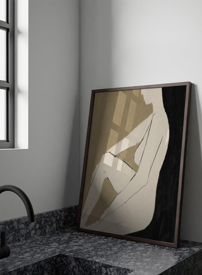 Shop Chill by Dan Hobday, a contemporary figurative art print featuring a relaxed seated figure, soft neutral tones, bold black forms, and minimal linework.