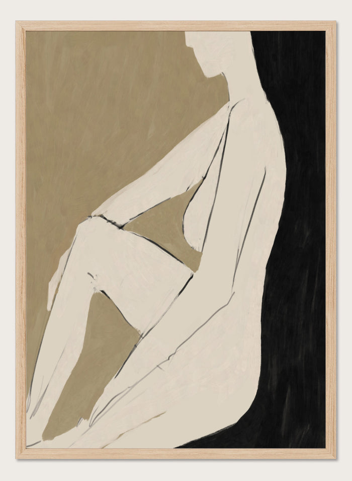 Shop Chill by Dan Hobday, a contemporary figurative art print featuring a relaxed seated figure, soft neutral tones, bold black forms, and minimal linework.