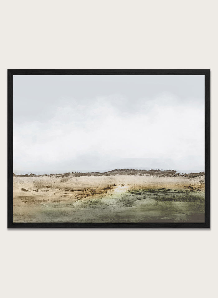 Shop Cliffs by Dan Hobday, a contemporary coastal landscape art print featuring rugged cliffs, soft sky, earthy green tones, and layered textured brushwork.