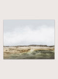Shop Cliffs by Dan Hobday, a contemporary coastal landscape art print featuring rugged cliffs, soft sky, earthy green tones, and layered textured brushwork.