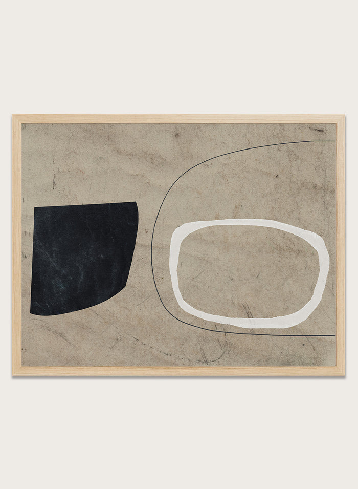 Shop Comfort by Dan Hobday, a contemporary abstract art print featuring bold black and white forms, curved linework, warm beige tones, and textured detail.