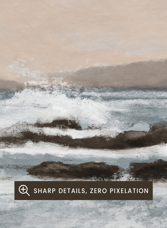 Shop Constantine Bay by Dan Hobday, a contemporary coastal wall art print with rocky shoreline, ocean waves, soft blue water, and warm beige-gray tones.