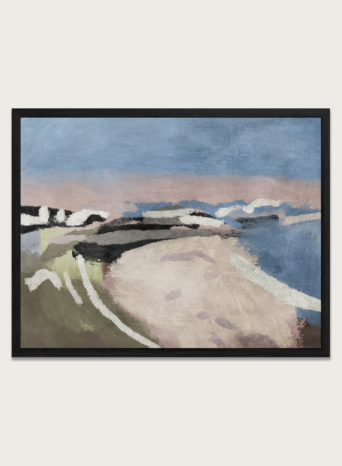 Shop Cornish by Dan Hobday, a coastal landscape art print featuring blue water, rocky shoreline, dusty pink, olive, cream, and textured brushwork.