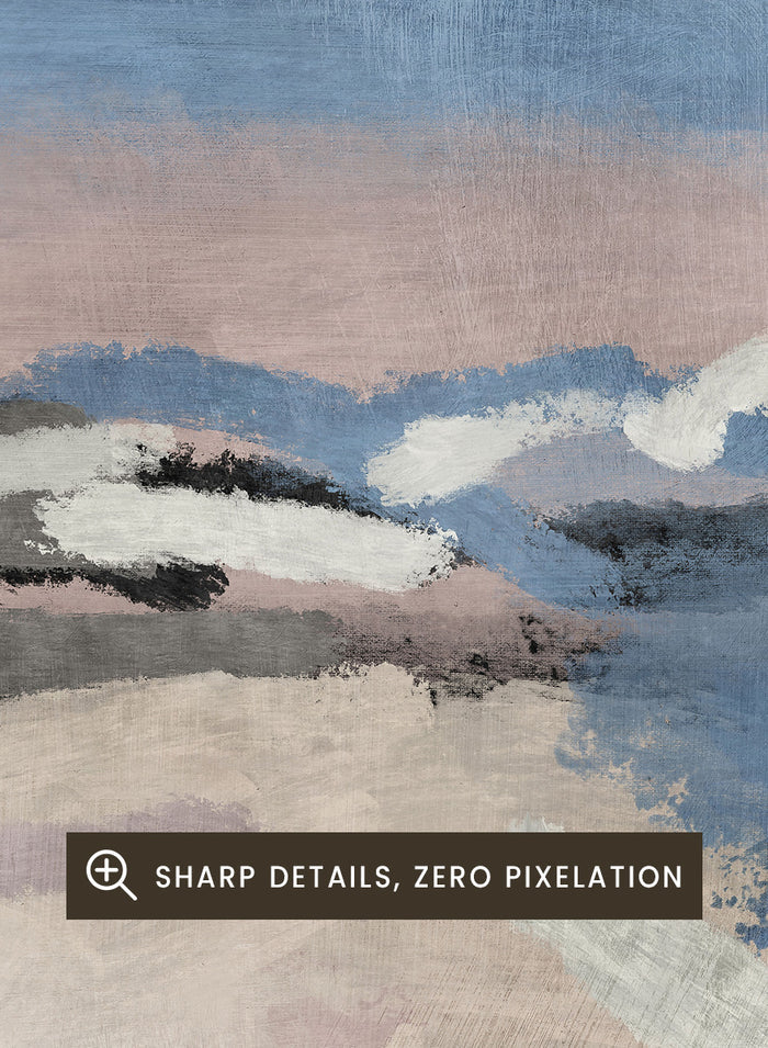 Shop Cornish by Dan Hobday, a coastal landscape art print featuring blue water, rocky shoreline, dusty pink, olive, cream, and textured brushwork.
