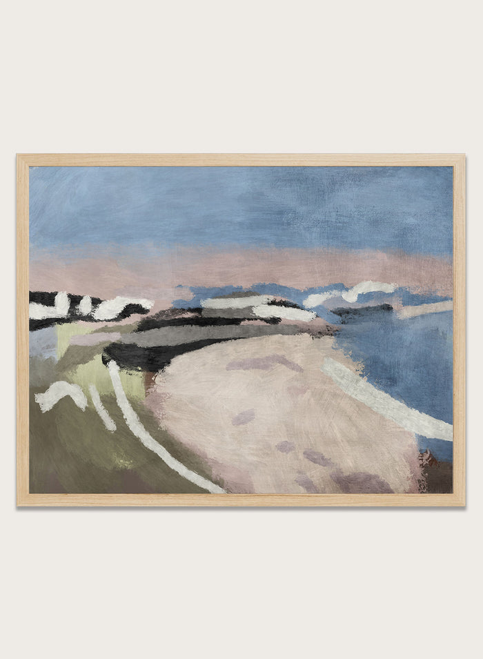 Shop Cornish by Dan Hobday, a coastal landscape art print featuring blue water, rocky shoreline, dusty pink, olive, cream, and textured brushwork.