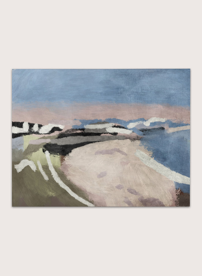 Shop Cornish by Dan Hobday, a coastal landscape art print featuring blue water, rocky shoreline, dusty pink, olive, cream, and textured brushwork.