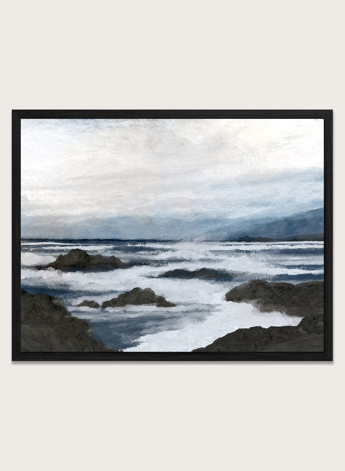 Shop Côte by Dan Hobday, a contemporary coastal wall art print featuring a moody ocean seascape, rocky shoreline, and layered blue-gray brushwork.